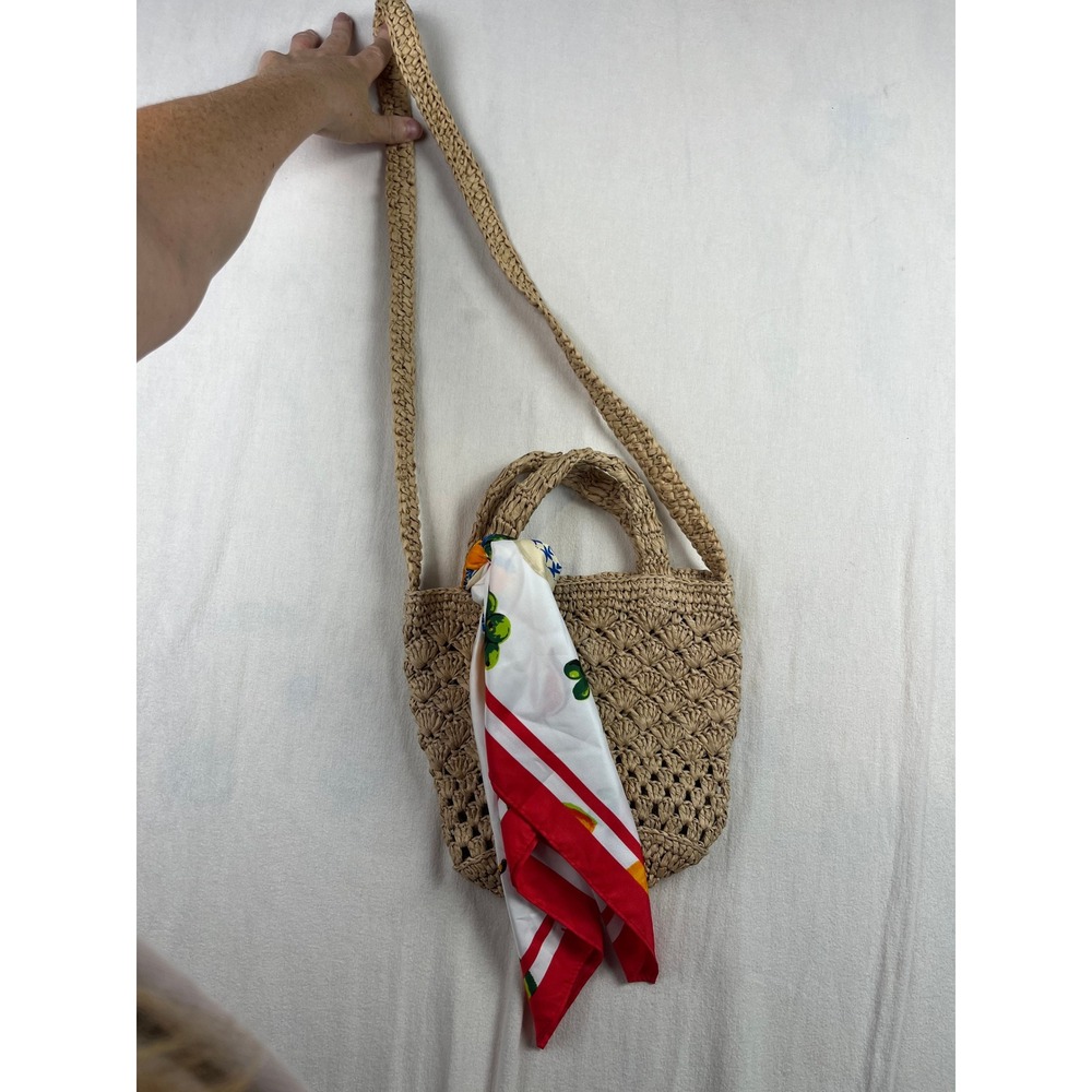 J.Crew Woven Straw Crossbody Bag with Fruit Print Scarf Tan Crochet Summer Tote
